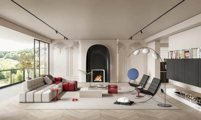 法式客厅 沙发茶几组合 壁炉 休闲椅 落地灯 书柜